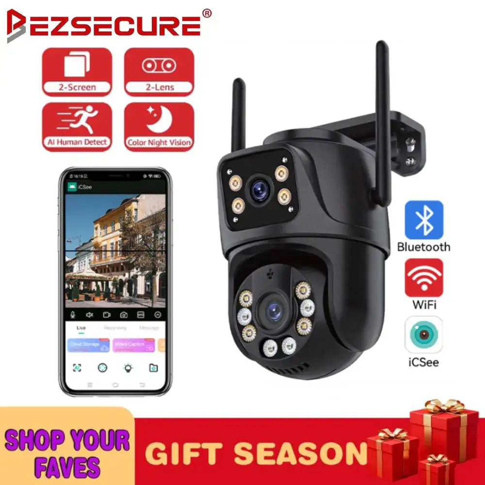 

Уличная PTZ-камера PEGATAH 4K с двумя объективами и AI-отслеживанием, 8 МП HD Wi-Fi IP CCTV, двойной экран, двусторонняя аудиосвязь, приложение iCSee