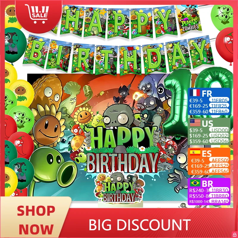 

Hot Game P-Plants vs Z-Zombiesed Birthday Party Balloon Banner Background Cake Topper Kids Game Party Decoration Supplies Gifts