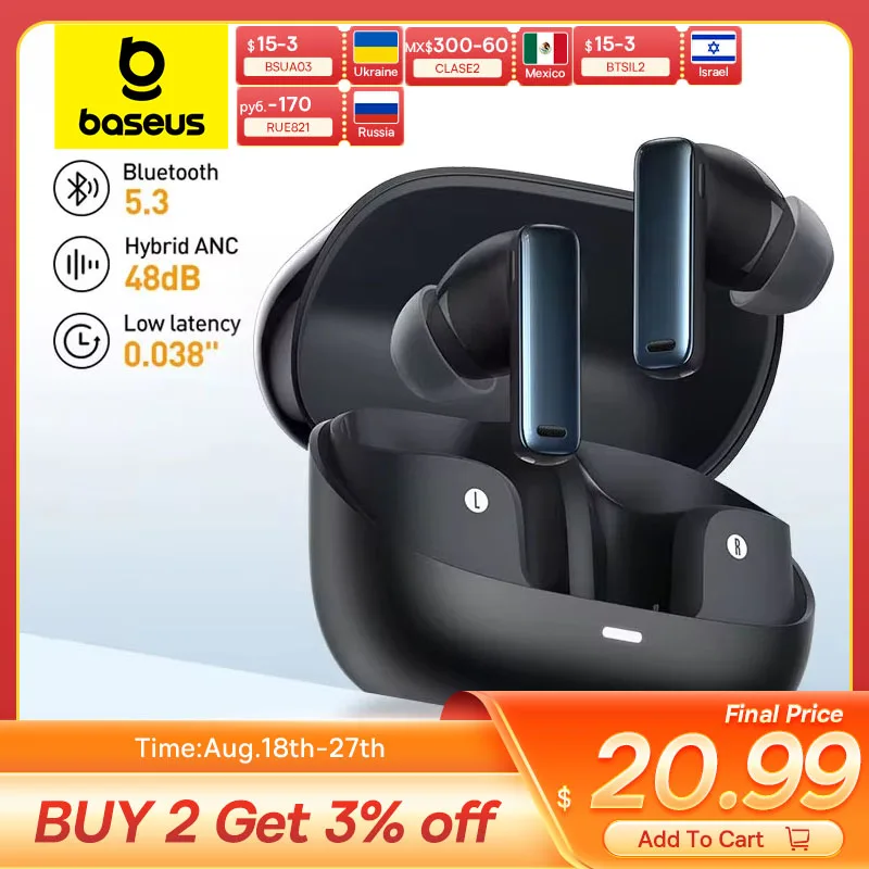 Baseus Bowie M2s ANC Auricolare Bluetooth 5.3 Cancellazione attiva del rumore -48dB Supporto per cuffie wireless Auricolari audio spaziale 3D