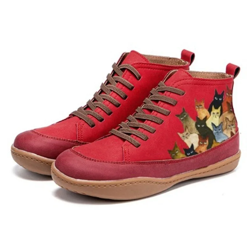 2024 Spring Autumn Outdoor Lightweight Casual Fashion Mid Top Boots Cat Print Round Head Comfortable Short Boots Shoes for Women