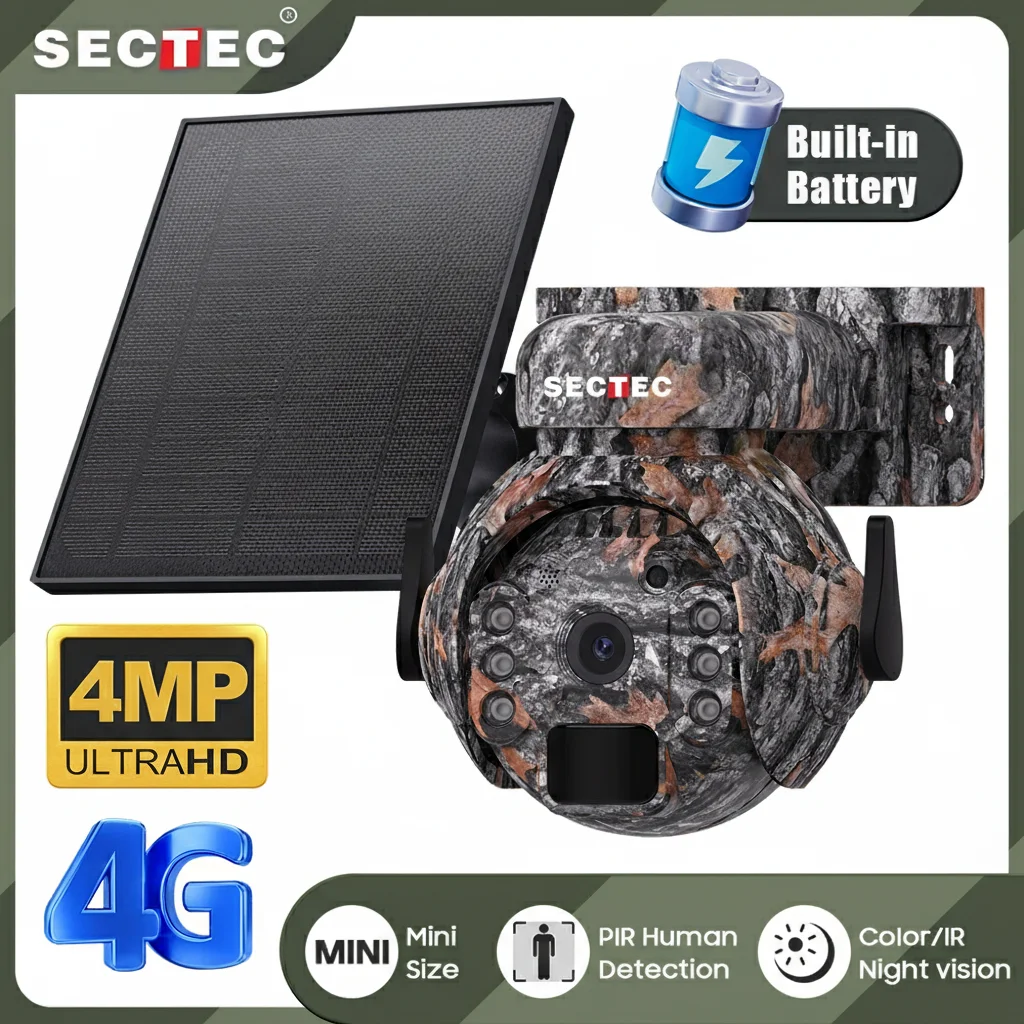 

SECTEC 4G Solar Camera Wireless Outdoor WiFi CCTV Camera 2K 4MP 360° View Animal Monitoring Camouflage PTZ Camera