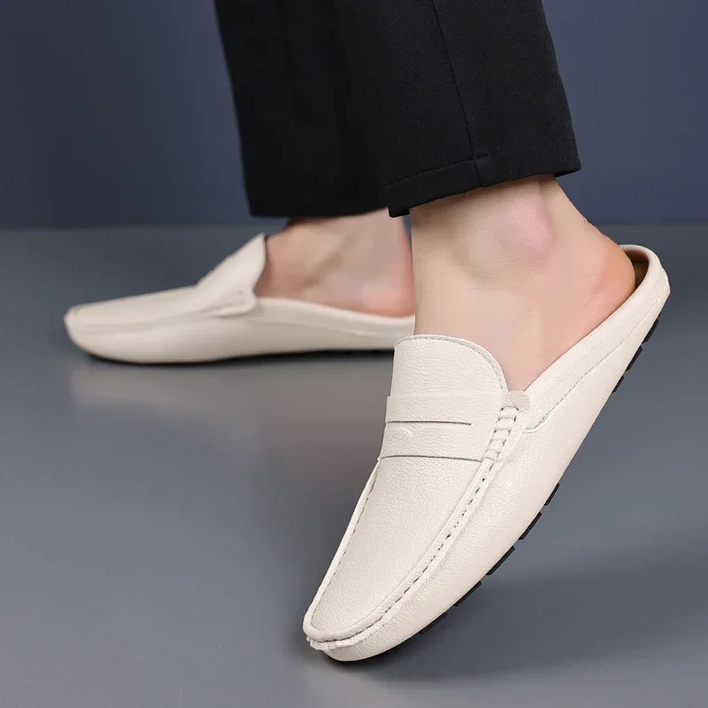 Men's Backless Penny Loafer Mules Slip-On Genuine Leather Flat Casual Driving Slippers Outdoor Half Shoes Daily Texture Footwear