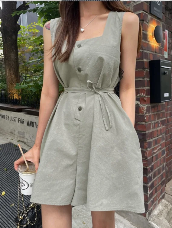 Square Collar Wide Leg Jumpsuit Women's Summer Elegance Workwear Retro Belted Waist Slimming Single Button Jumpsuit