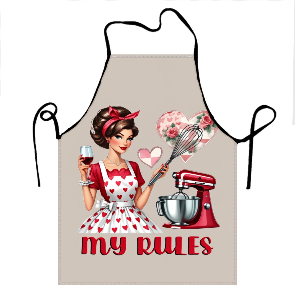 My Rules Apron With Vintage Woman Holding Wine And Whisk Red Stand Mixer Heart Design Kitchen Apron For Cooking Baking