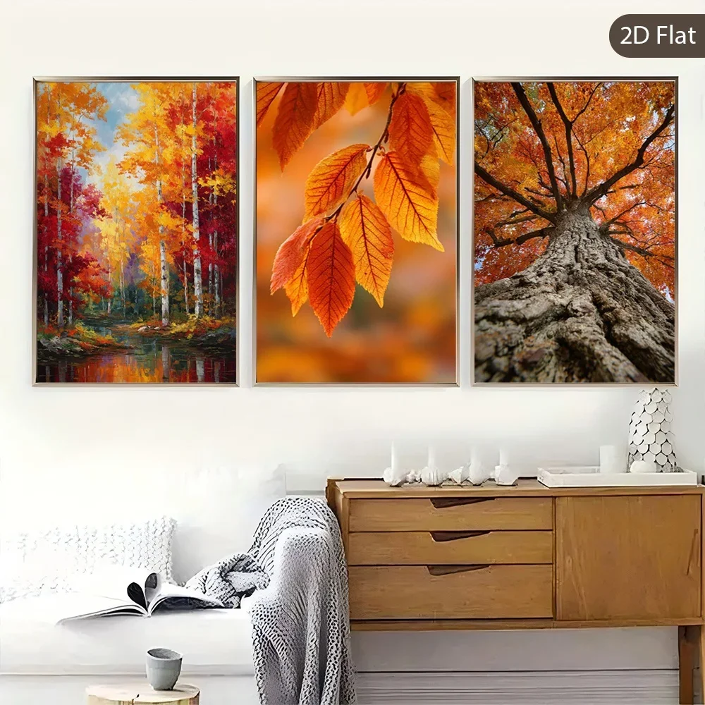 (No frame)2D Flat, 2D Flat Painting, 2D Flat Painting, 3pcs Unframed Canvas Art Set, Theme: Autumn Colors, Tree Canopy, Warm-