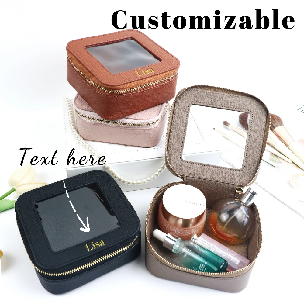 Nuevo bolso de aseo cuadrado cosmético de PVC de cuero PU con nombre personalizado, transparente y visible, almacenamiento portátil