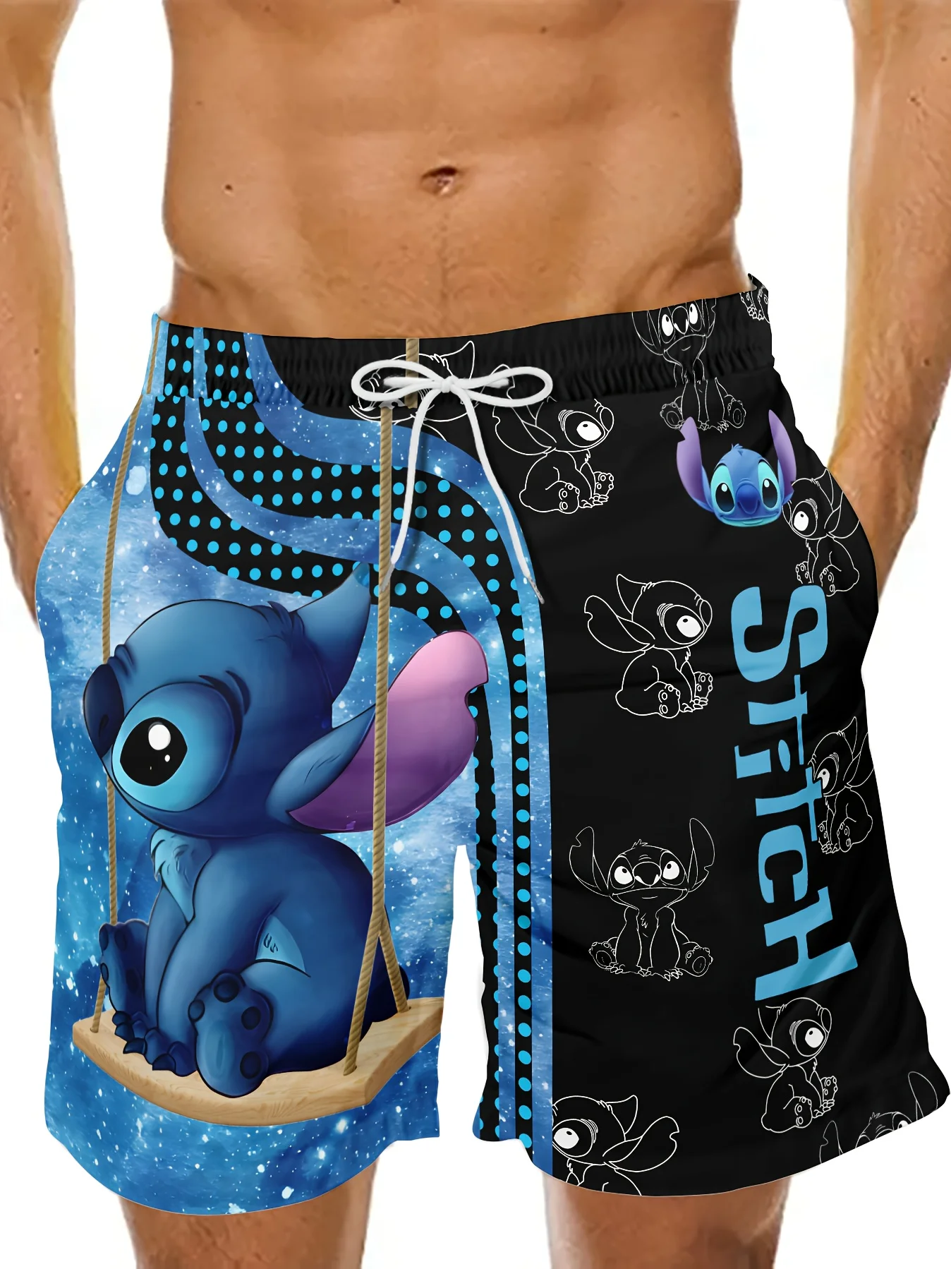 

Disney Authorized Stitch Men's Beach Shorts - Bright Blue Hawaiian Swimsuit Cartoon Characterst Beach Vacation Apparel