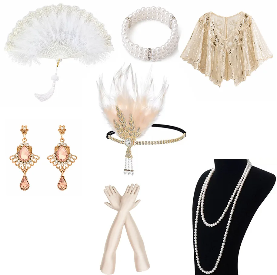 1920s Feather Headwear Hairband Earrings Necklace Sequin Cape Shawl Makeup Ball Single Party Accessory Set Cosplay Dress Up