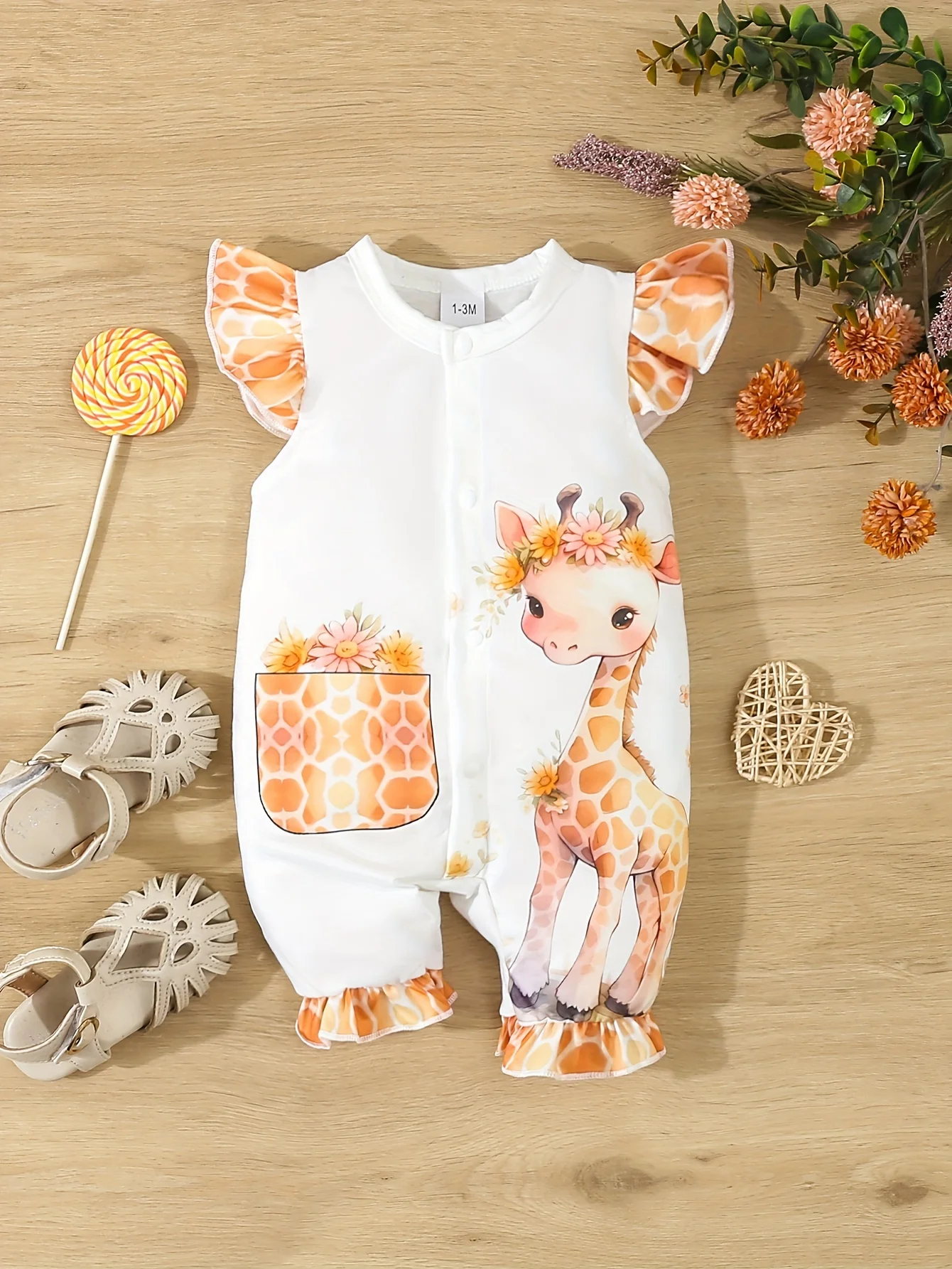 Baby Boy Cute Comfortable Casual Giraffe Print Sleeveless Baby Girl Summer Flying Sleeve Ruffled Onesie Fake Pocket