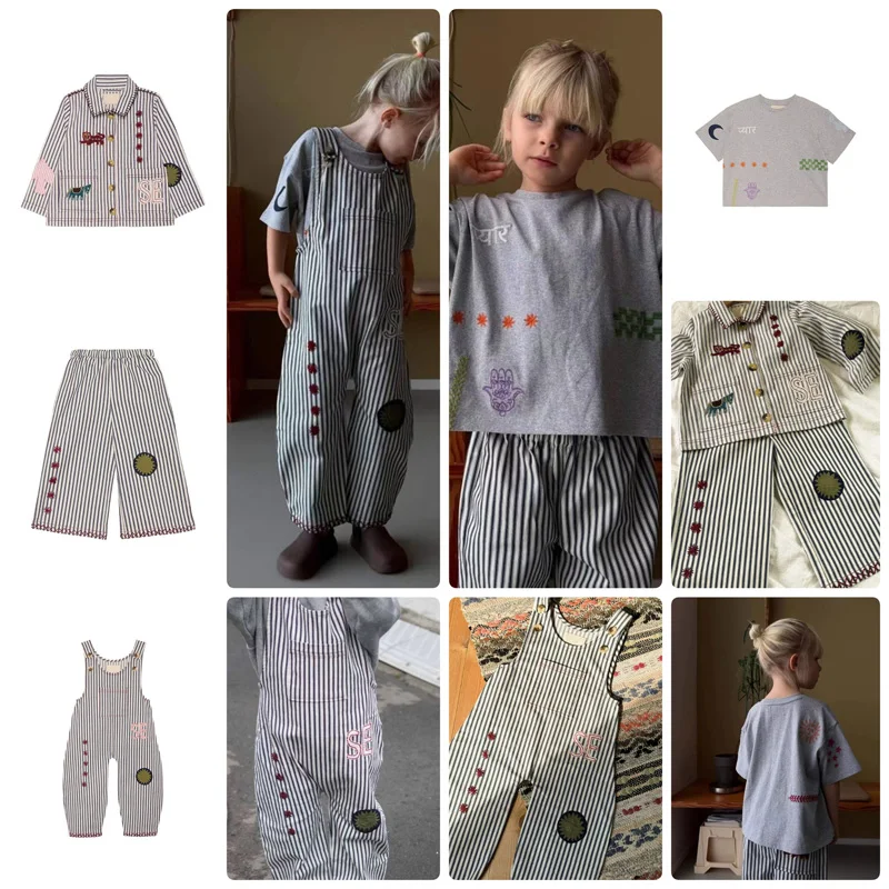 

Предзаказ 2026: Летняя вышитая полосатая куртка для девочек, брюки для мальчиков, вышитые футболки, комбинезоны для девочек, детская бутик-одежда