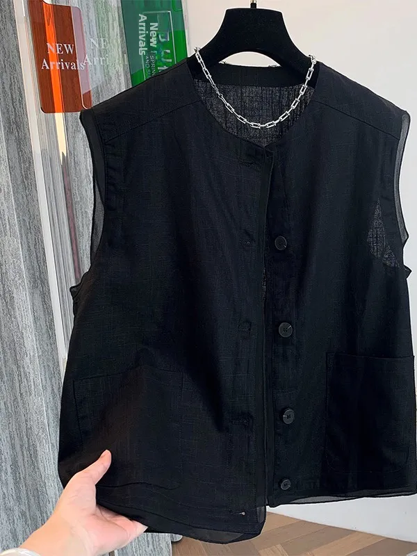 

Линий жилет Ele Bla в стиле пэчворк, свободный женский дизайн, лето 2023, новинка Sle, универсальный воротник-стойка, застежка на одной пуговице