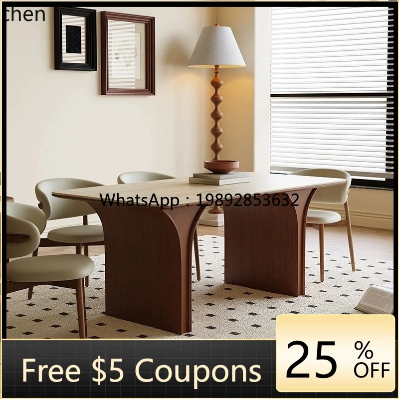 

HXL wood rectangular dining table and chairs small apartment home modern minimalist travertine rock slab dining table