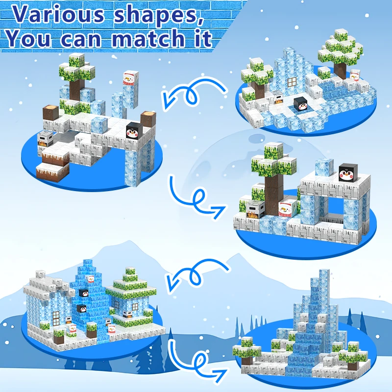 64/108/145 Uds. Juguetes de bloques de construcción de cubo magnético para niños, escenas de hielo y nieve para construir bricolaje, adecuados para niños mayores de 3 años