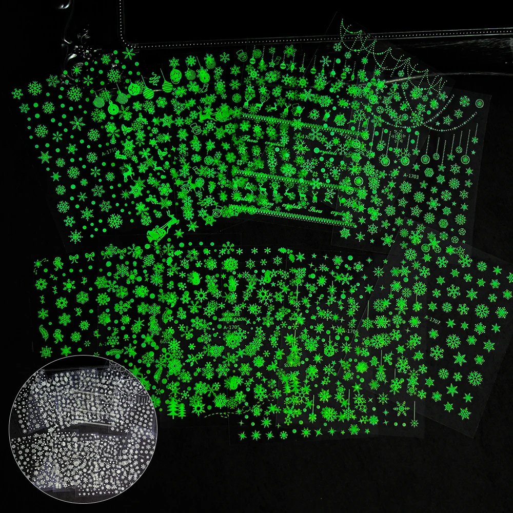 12pcs/set Luminous Christmas Series Nail Sticker 3D White Snowflake Nail Decal Self-Adhesive Glowing In Dark Snowflake Slider &*