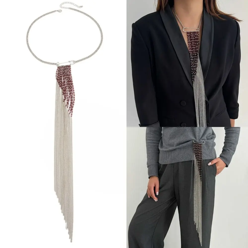 Alloy Tassel Chain Brooch Water Droplet Fringe Exaggerated Clothing Tie Pin Silver Color Jewelry Accessories Bead Fixed Ornament
