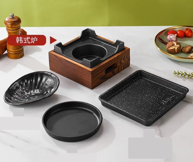 wooden box bbq grill 16CM single-person stove mini environmentally-friendly oil heating holding stove cast iron baking pan steak