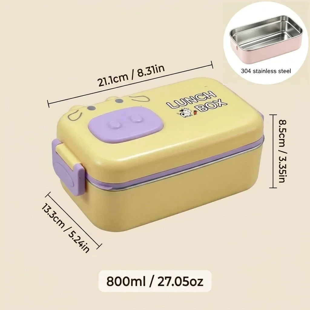 304 roestvrijstalen bentobox, schattige lunchbox voor kinderen, geschikt voor gebruik in de magnetron, met vakken, luchtdichte bewaardozen voor voedsel en bestek, ideaal voor school.