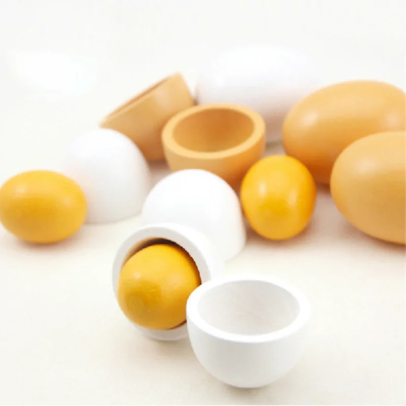 6pcs Simulation Wooden Eggs Toys Set Kids Pretend Play Wood Food Eggs Yolk Kitchen Food Children Kid Education Montessori Toys