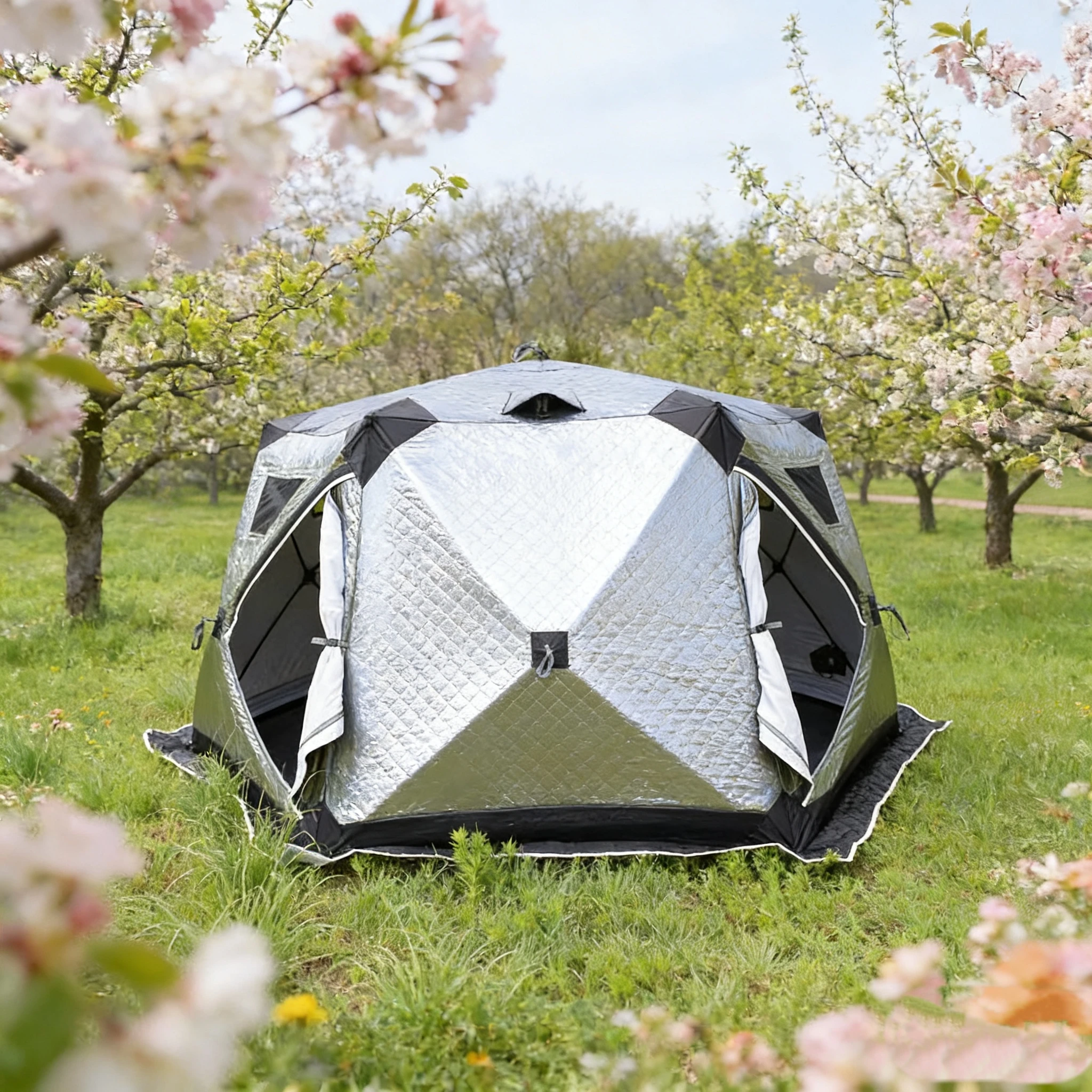 

Hexagon Portable Ice Shelter Sauna Tent Quick Setup System Oxford Triple Layer Insulation Weather Resistant with Stove Port