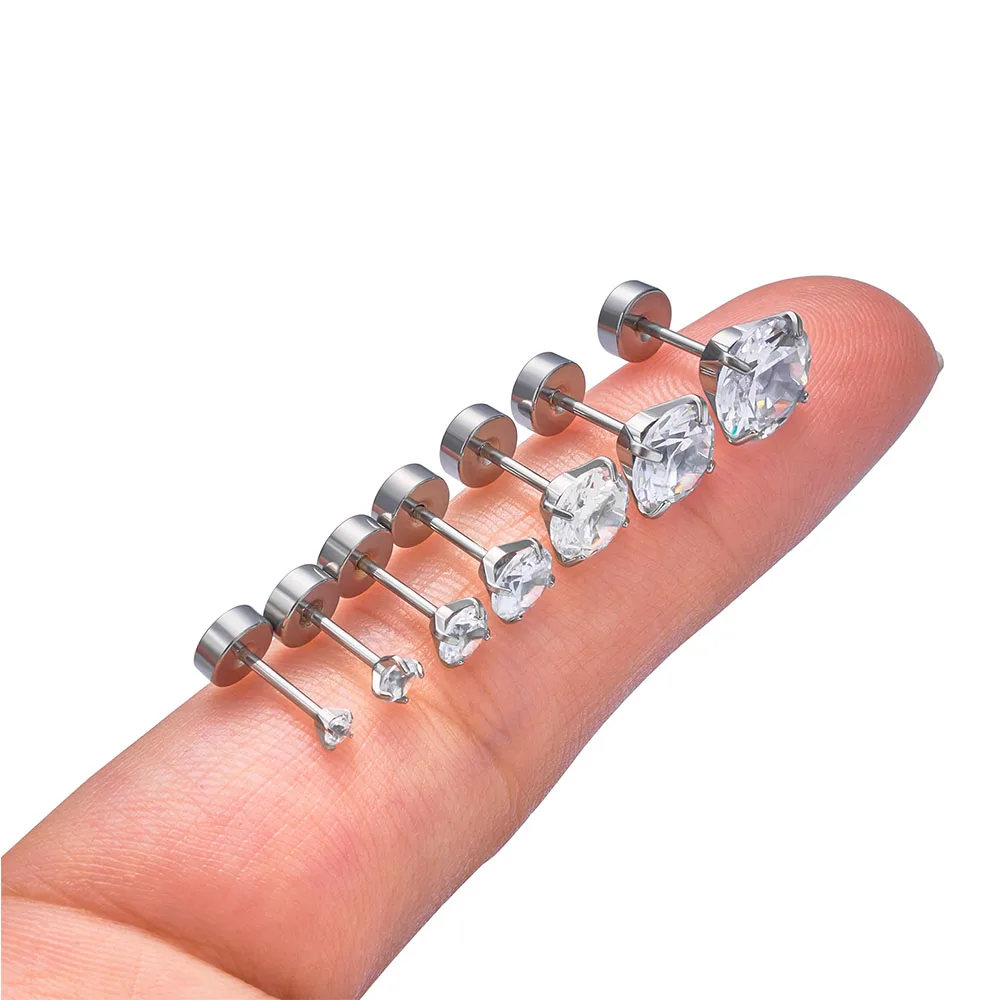 10/50/100PCS 316L Medical Stainless Steel Earnail 2-8mm Kit Four Claw Round Cubic Zirconia Women's Ear Cartilage Nail