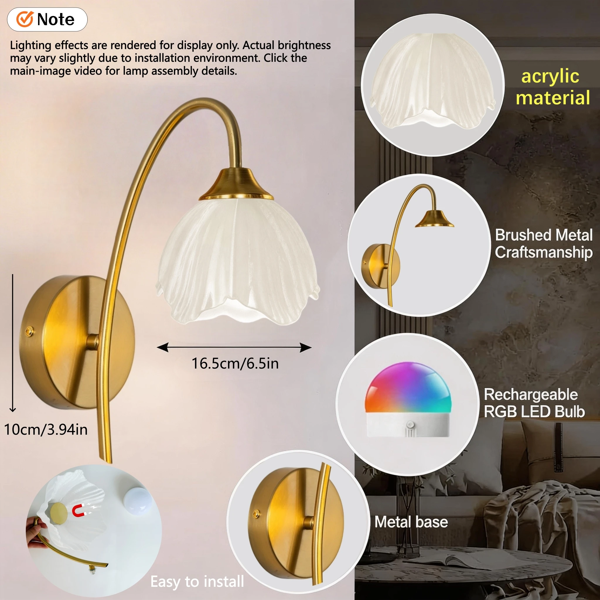 Battery-Powered Wall Light, Gold Wireless Charging Wall Light with 2000Mah Dimmable Detachable Bulb and Remote Control, 15-Color Wall Light for Wall Decoration, Suitable for Bedroom, Living Room, Hallway