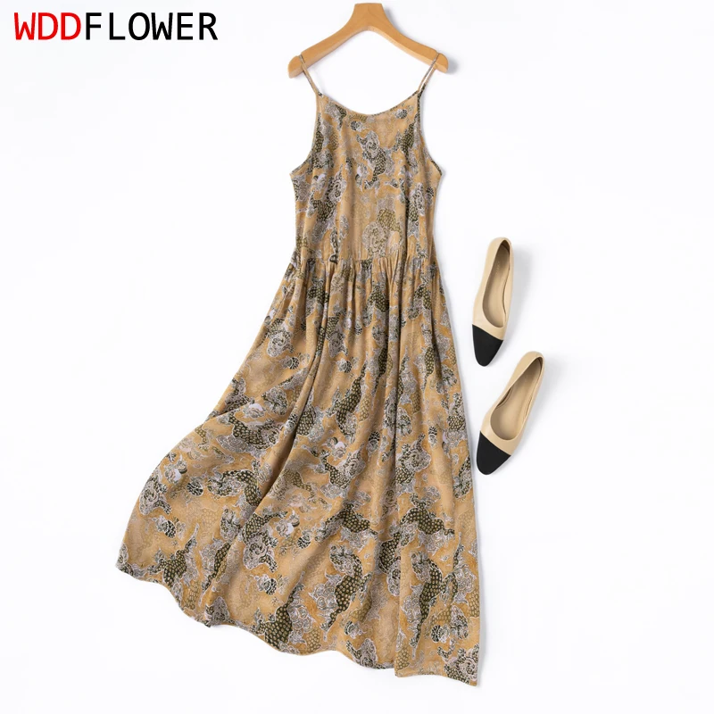 

Women Chemise Dress 100% Mulberry Silk 16 Momme Crepe Silk Brown Printed Spaghetti Straps Full Slip Dress Summer Beach M1308