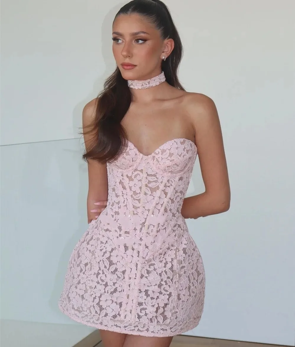 2025 Sexy Pink Short Prom Birthday Dresses Strapless Lace See Through Illusion Formal Evening Party Gowns Robe De Soriee