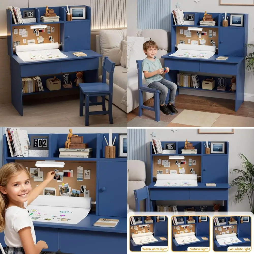 

Детский письменный стол и стул из синего дерева с подсветкой, диспенсером для бумаг и полками для хранения для девичьей спальни