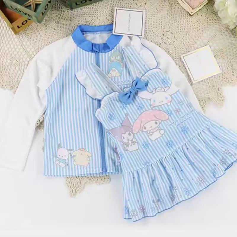 Maillot de bain Cinnamoroll Anime Kawaii pour enfants, Melody Kuromi, veste à glissière pour enfants, maillots de bain de dessin animé crème solaire, jupe mignonne, cadeau à séchage rapide, nouveau