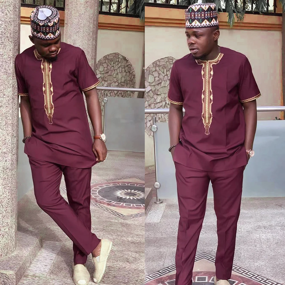 H&D New African Dashiki Clothes For Men No Cap Shirt Pants Set Embroidery Tops Trouser Suit Men's Traditional African Clothing