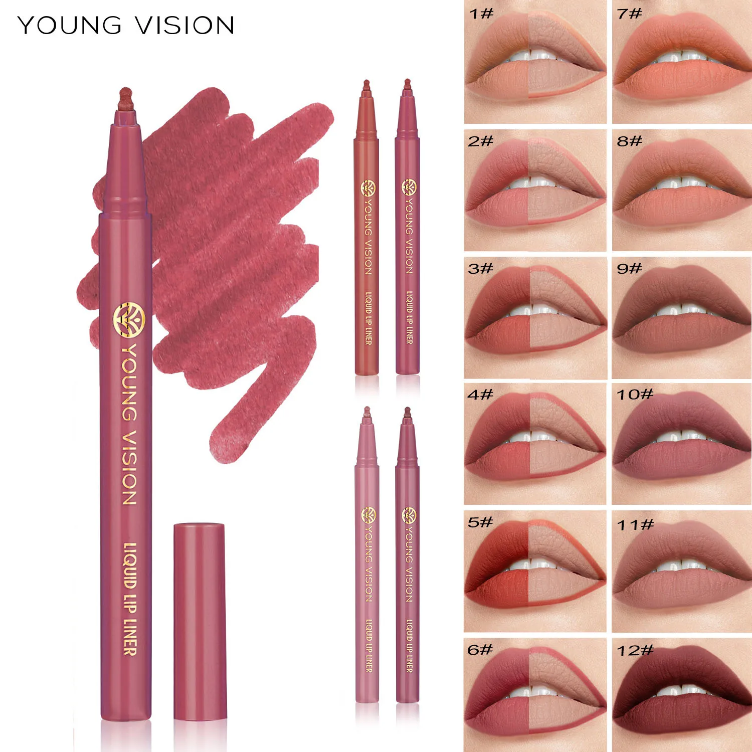 12 สี Matte Liquid Lipliner ฟองน้ํามะระหัวหมอกพื้นผิวเปลือยสีกันน้ํา Lip Glaze ปากกาสีแดง