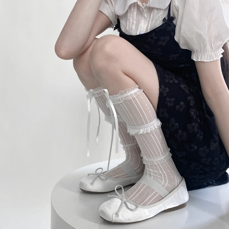 Womens Calf Socks, Sweet Girl Lace Ruffle Knee Socks Fashion Ladies Girl Princess Mesh Socks Japanese Stockings