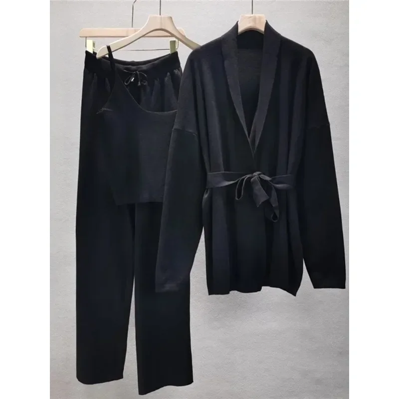 Korean Sweater 3 Piece Sets Women Thick Knit Cardigans + Cropped Spaghetti Tops + Baggy Wide Leg Sweatpants Outfits New N309