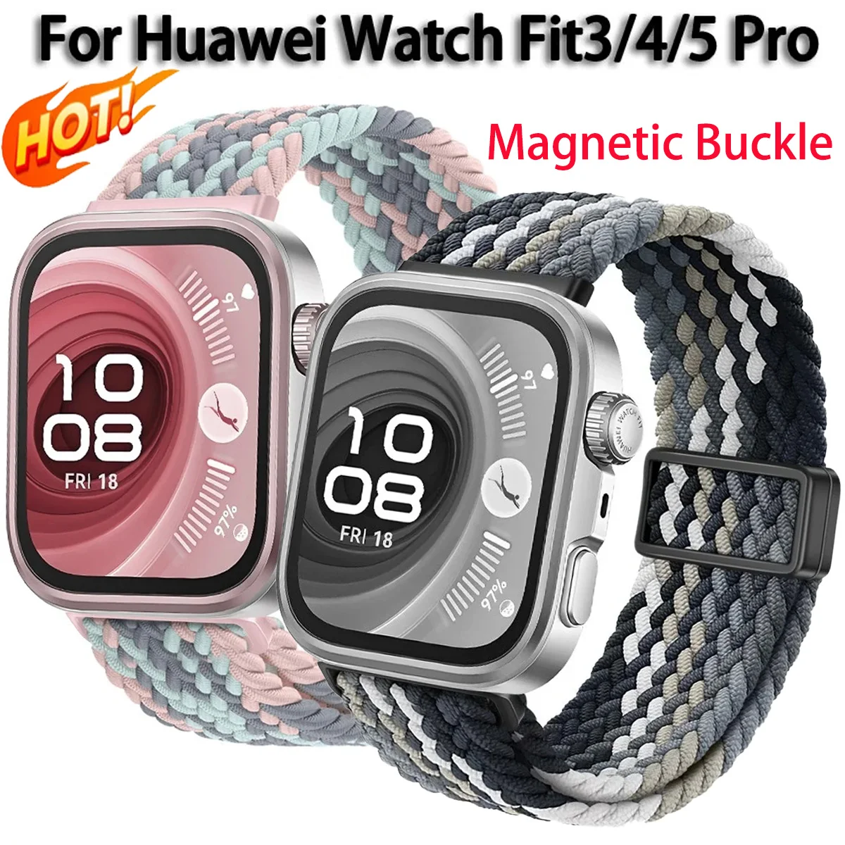 Magnetisches Nylonarmband für Huawei Watch Fit 5/4/3, verstellbares, bequemes Armband für Huawei Watch Fit 5/4 Pro, geflochtenes Schlaufenarmband