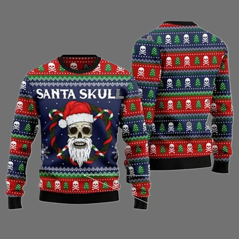 Horror natal camisola crânio papai noel 3d impresso moletom de pescoço masculino y2k unisex casual novo pulôver masculino streetwear