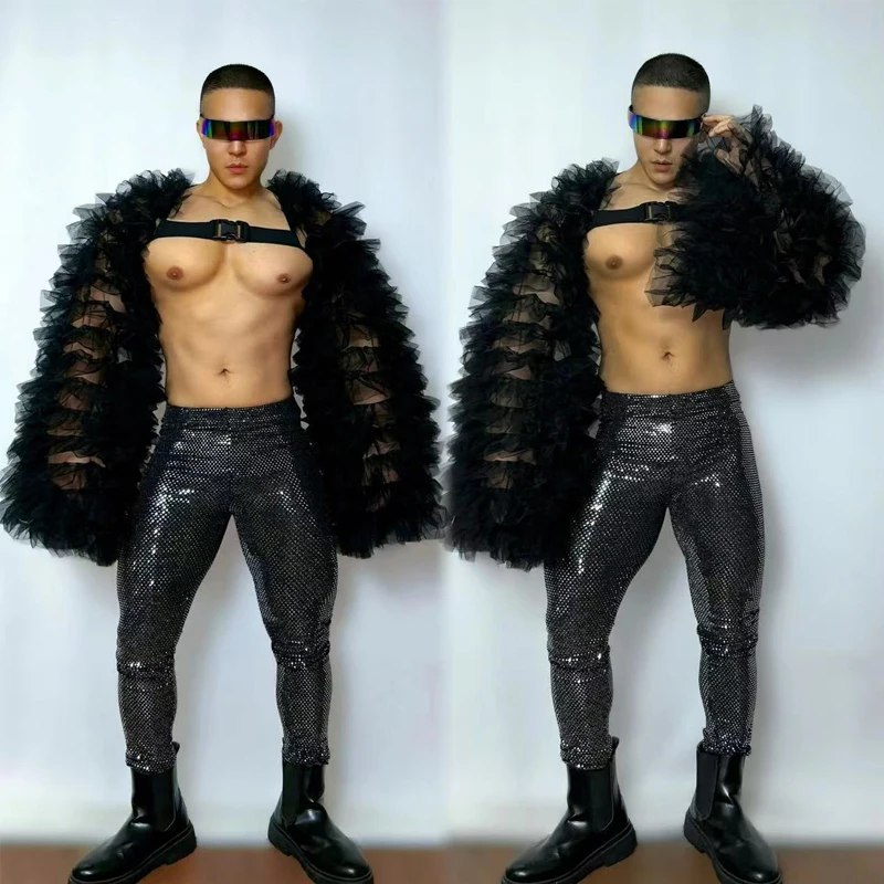 Sexy Pole Dance Outfit Men Fluffy Sleeves Sequins Pants Bar Gogo Dance Costumes Muscle Man Stage DS DJ Rave Clothes XS8091