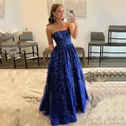 Maßgeschneidertes, glänzendes, mit Spitze besticktes blaues Abschlussball-Abendkleid 2024, glitzerndes, trägerloses A-Linien-Kleid für die Brautmutter