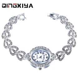 QINGXIYA 2023 New Vintage Quartz Watch Women Antique Silver Bracelet Gray Crystal Womens Watches Female  Clock Relogio Feminino