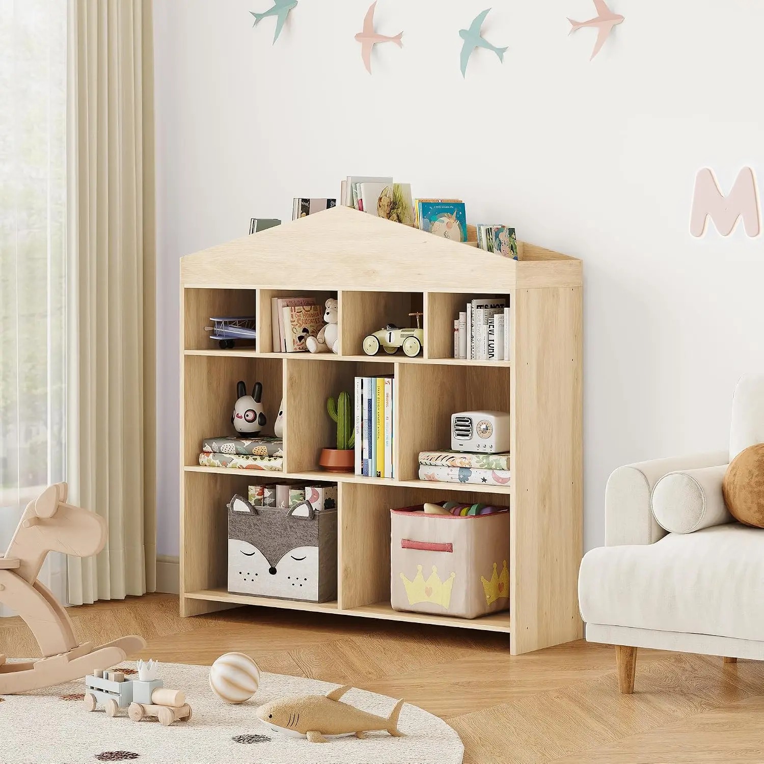 House-Shaped Kids Bookshelf & Toy Organizer, 15-Cube Storage Cabinet,15 Open Cubes, Toy/Book Storage, Anti-tip Safety, Rounded Edges, Easy Assembly, Playroom, Bedroom