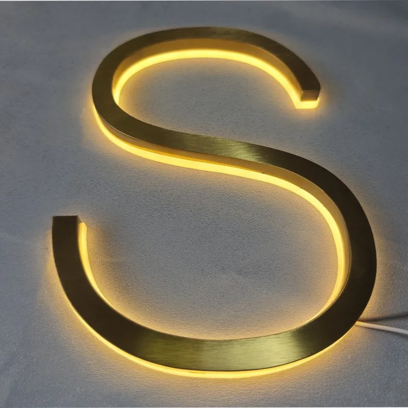 Custom Outdoor Backlit Gold Stainless Steel LED Letters 3D Rear Lighted Metal Shop Signs