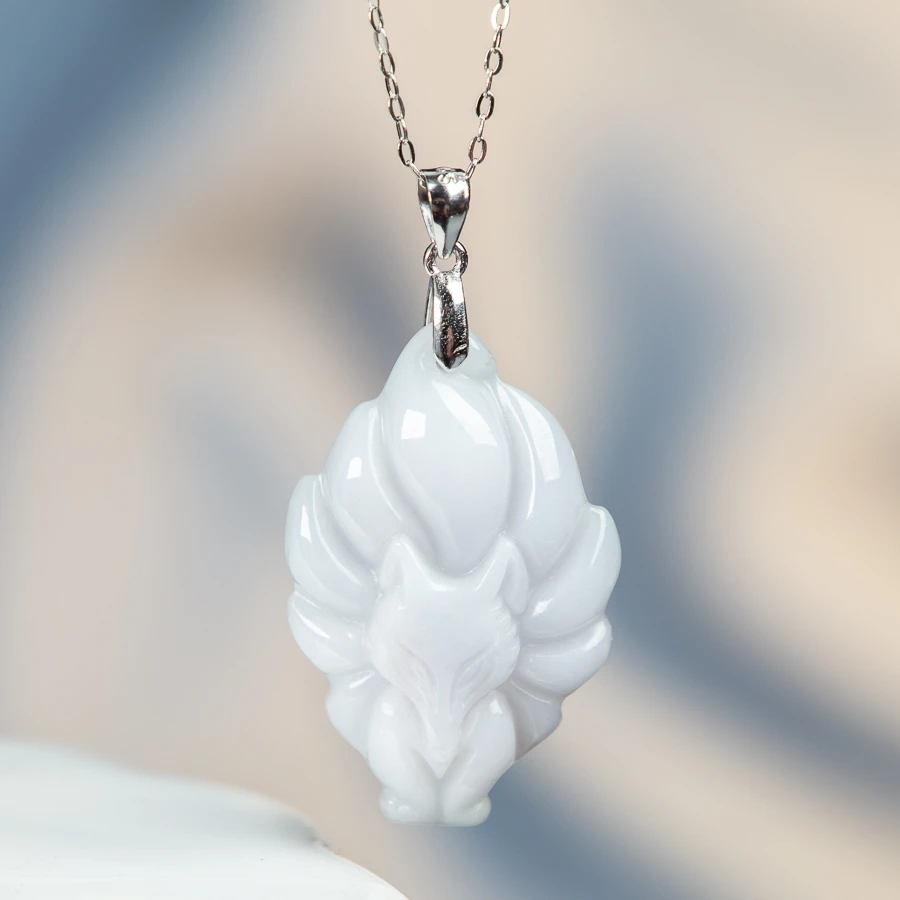 

TIMESWIND Lucky Love Natural A-type Jade White Nine-Tailed Fox Pendant S925 Silver Women Necklace with Certificate