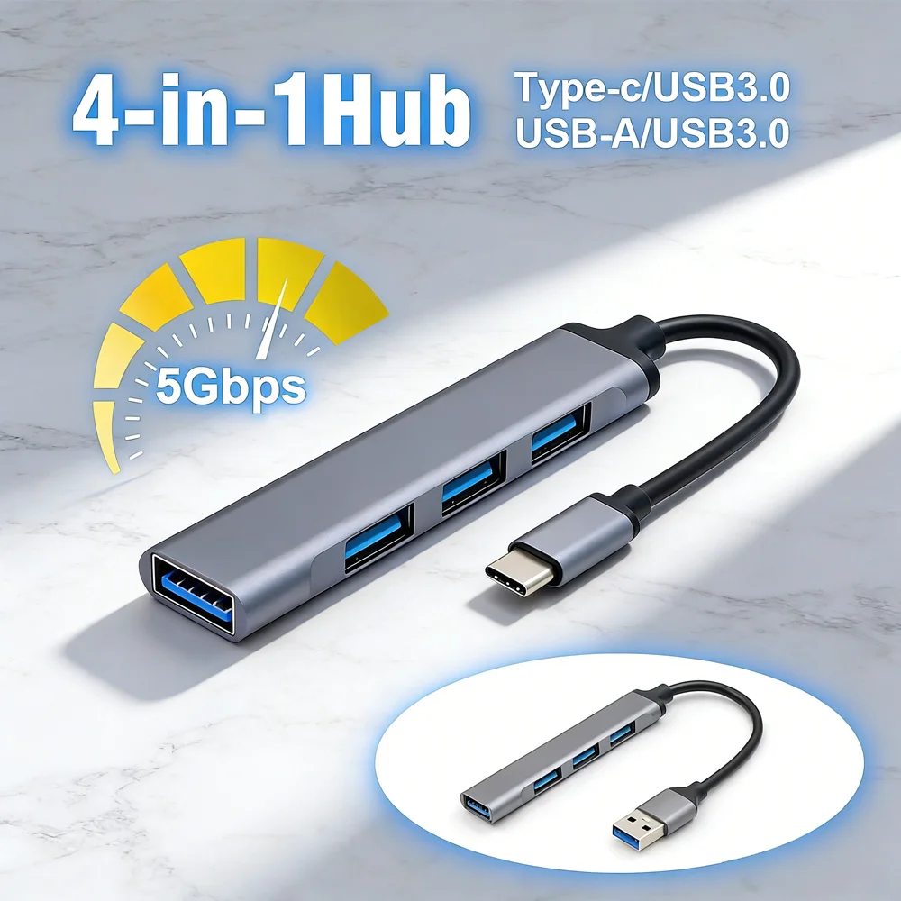 

1 шт./10 шт. USB-адаптер-концентратор 4-в-1 USB 3.0: USB-C на USB-концентратор, передача данных 5 Гбит/с, расширитель USB-портов для ноутбуков и ПК
