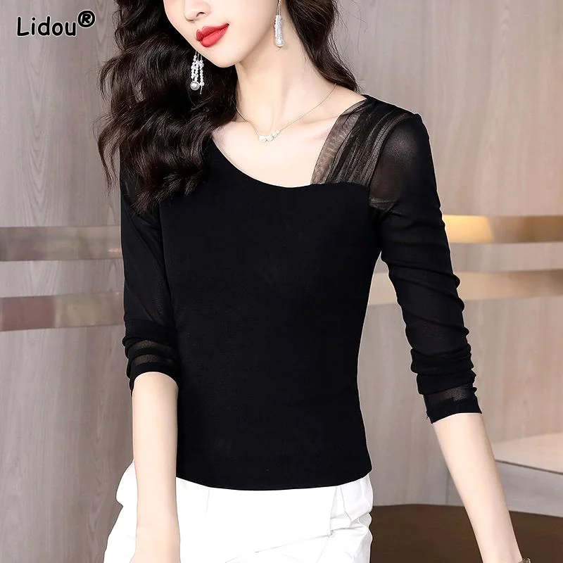 

Elegant Fashion Casual Autumn Winter Square Collar Asymmetrical T-Shirts Skinny Solid Patchwork Pullovers Gauze Women's Clothing