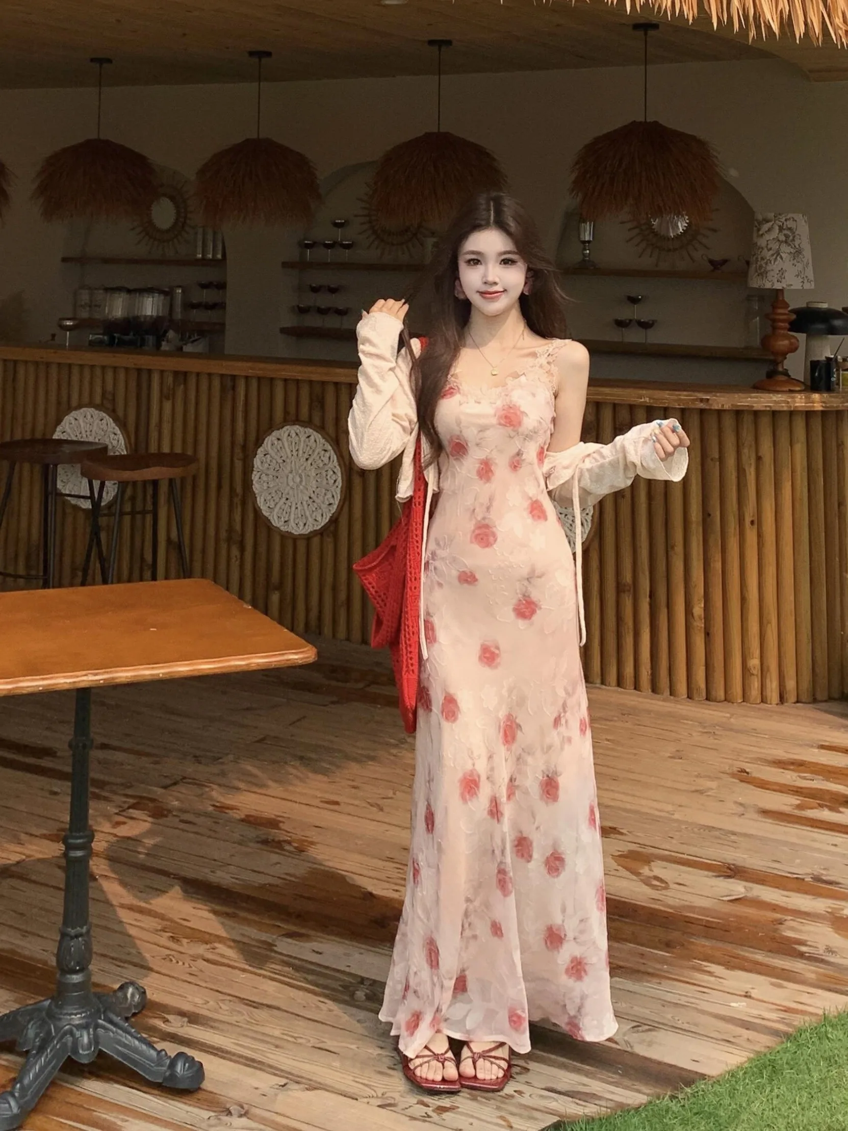 

Sweet Lace Trimmed Floral Print Maxi Dress Slimming Waist Design Korean Style A-Line Long Dress for plus Size Women Summer