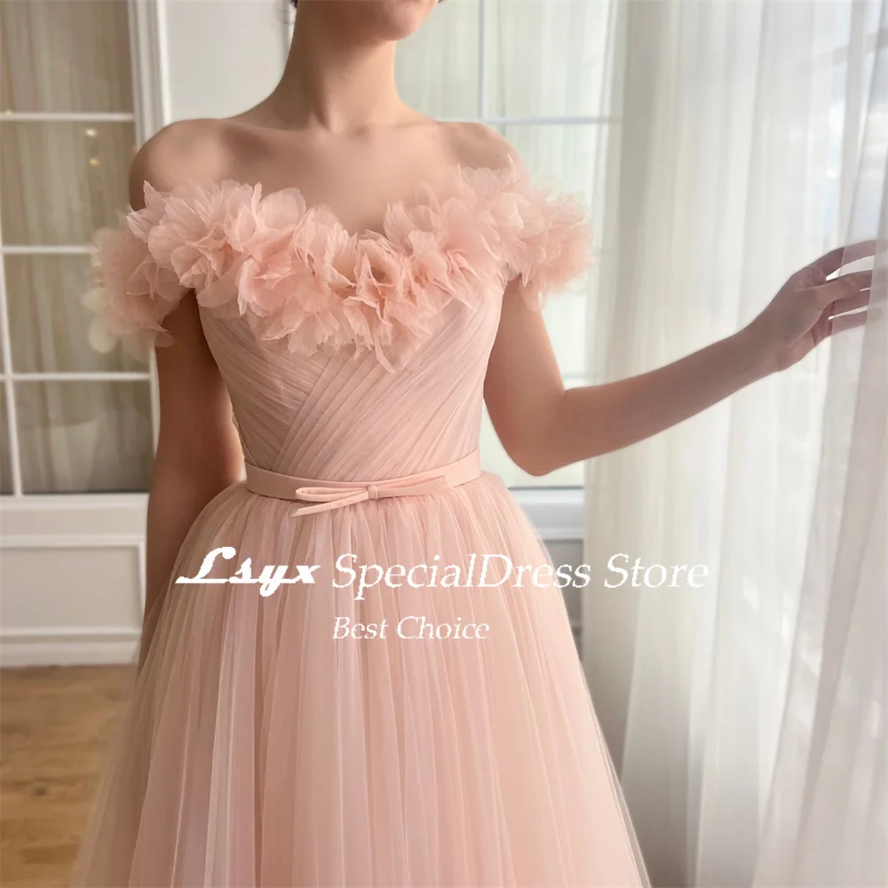 LSYX Off Shoulder Flowers Sweetheart Pastrol Evening Gown Tulle Tea-Length A-line Lace-up Back Prom Dress