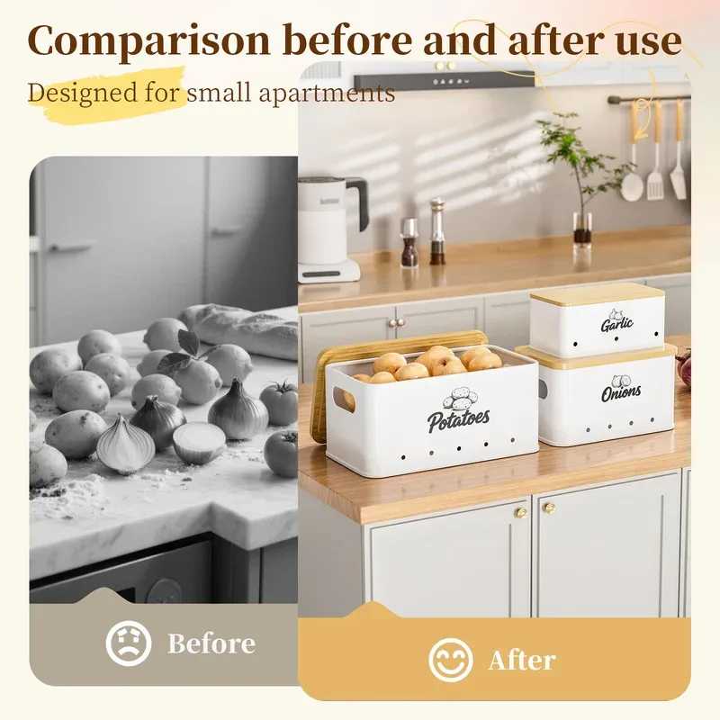 Ventilated potato storage box, breathable kitchen vegetable keeper bin, pantry organizer container for countertop and cabinet