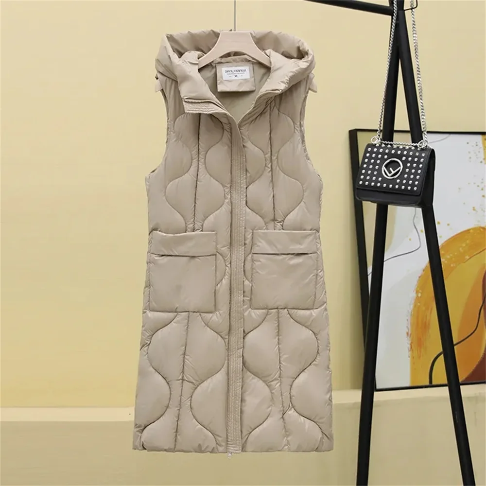 

2024 New Vest Women's Autumn Korean Edition Non Washable Bright Face Medium length Down Cotton Tank Top Stand up Collar Jacket