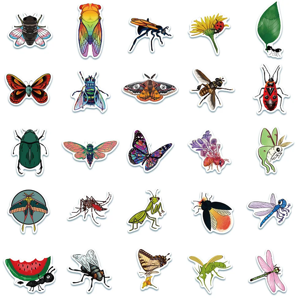 50pcs Butterfly Dragonfly Insect Stickers Pack Guitar Suitcase Laptop Phone Scrapbook Stationery DIY Sticker Journal Accessories