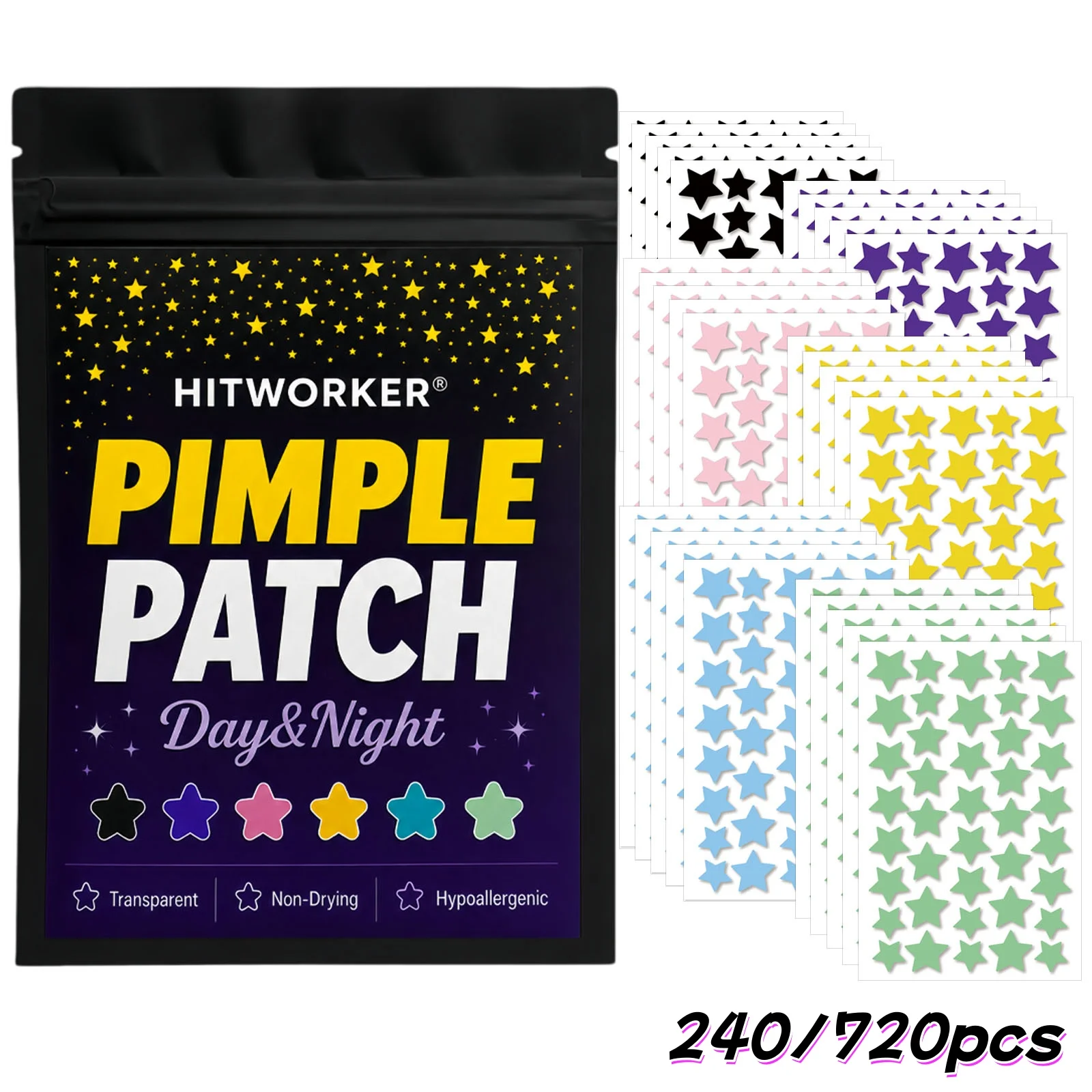 240/720pcs Colorful Star Hydrocolloid Spot Cover Patches, Cute Face Stickers, Easy Peel Daily Skin Care Day Night Use
