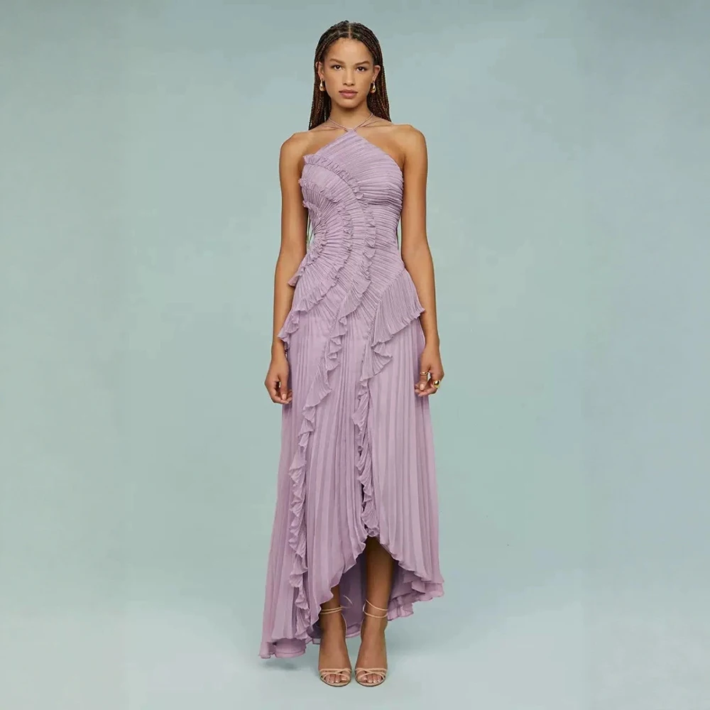 

Women's Sexy Halter Neck Ruffle Maxi Dress Pleated Sleeveless Chiffon Asymmetrical Hem Party Dress Wedding Guest Long Dresses